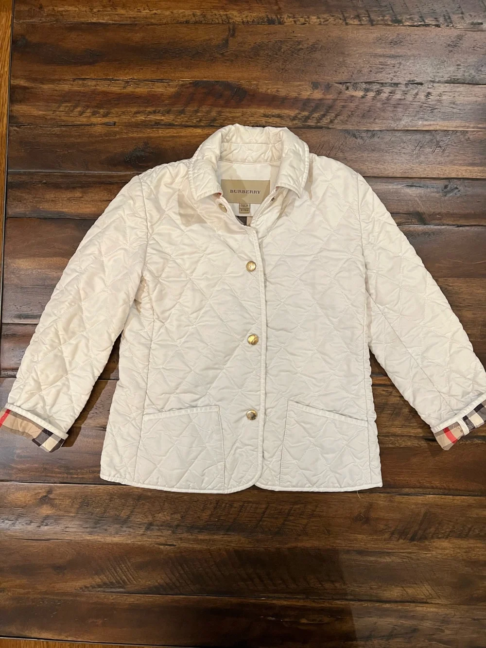 Burberry Cream Quilted Puffer Jacket with Check Interior Trim